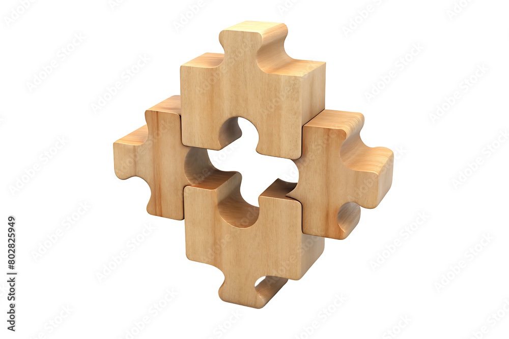 Fototapeta premium Classic wooden puzzle pieces assembled, symbolizing problem-solving and creativity on a transparent background