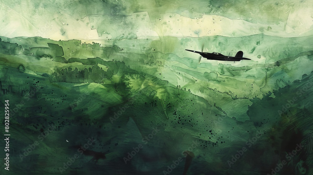 Fototapeta premium Delicate watercolor of a lone bomber over a lush green landscape, the stark contrast between the machine and nature emphasizing the era's technological advancement