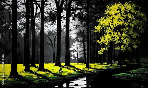 a tranquil forest scene with tall, silhouetted trees and a lone, brightly illuminated tree with yellow leaves, standing out against the dark background. The forest floor is dappled with sunlight