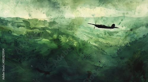 Delicate watercolor of a lone bomber over a lush green landscape, the stark contrast between the machine and nature emphasizing the era's technological advancement