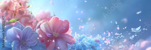 Gorgeous digital illustration of blooming flowers in serene pastel tones, ideal for wallpapers, greeting cards, and decorative designs with generous text space photo