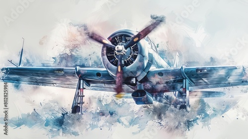 Delicate watercolor of a propeller-driven aircraft, the soft colors and white backdrop ideal for a gentle touch in a nursery
