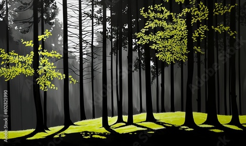 a forest scene with tall trees casting long shadows on a brightly lit forest floor. The leaves are illuminated with a bright yellow light, creating a striking contrast with the dark trunks and backgro