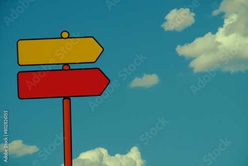 A vibrant image featuring two bold directional signs in yellow and red under a clear blue sky, perfect for creative advertising with ample copy space