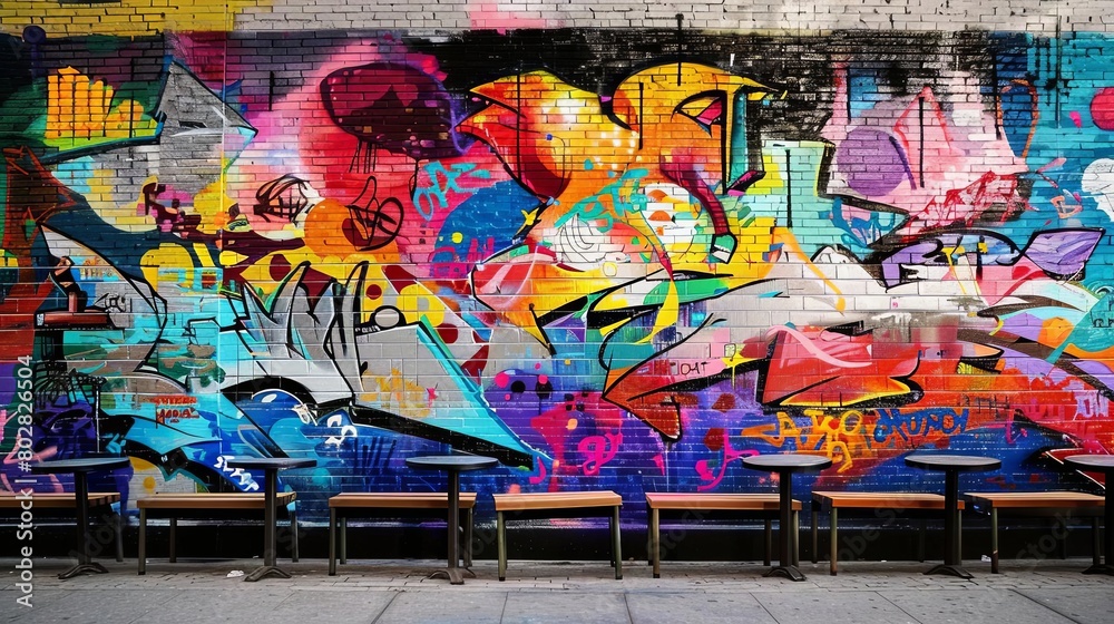 a colorful graffiti - covered wall serves as the backdrop for a variety of seating options, includi a colorful graffiti - covered wall serves as the backdrop for a variety of seating options, includi