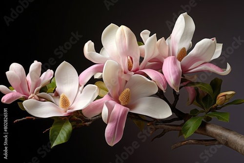 Blooming white and pink close-up flowers of magnolia on a branch with young leaves  growing in spring park or botanical garden  with blurred dark green background