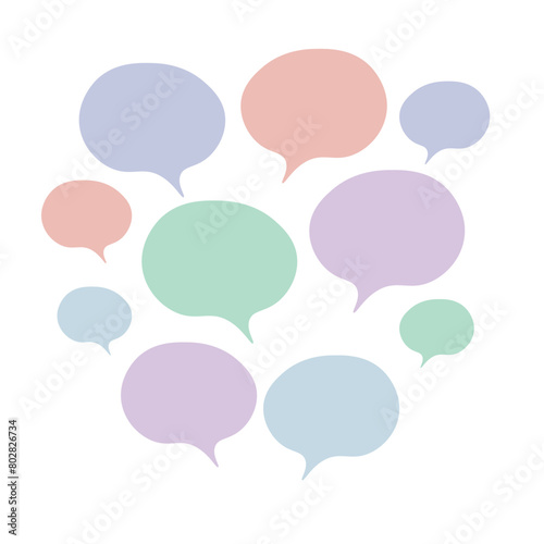 Set of color speech bubbles. Cartoon Vector illustration. Isolated on transparent white background. Hand draw style, dialog clouds