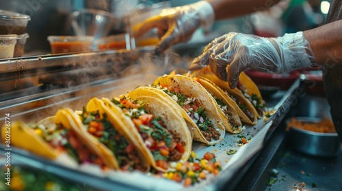 Candid shot of tacos being made in a foodtruck