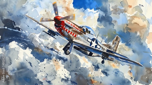 Dynamic watercolor portrayal of a P-51 Mustang in a sharp ascent, clouds swirling around it, showcasing the agility and speed of the aircraft