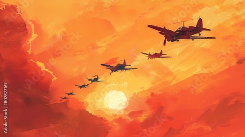 Elegant watercolor illustration of several retro aircraft flying in formation at sunset, their silhouettes painted against a vibrant orange sky