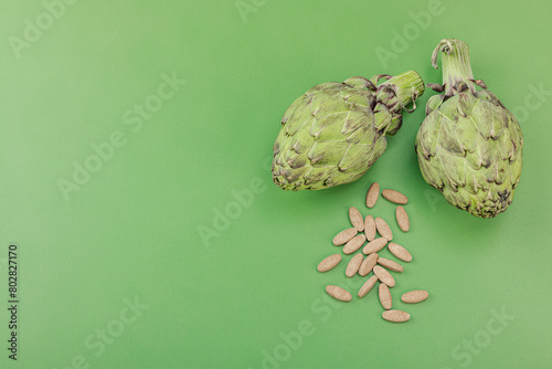 Dietary supplements Artichoke leaf extract capsules. Alternative medicine, herbal lifestyle photo