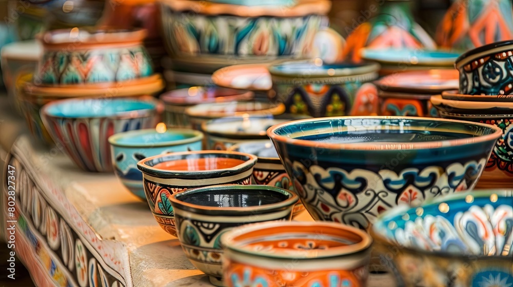 a colorful array of ceramic bowls and vases, including blue, orange, and blue - and - orange bowls,
