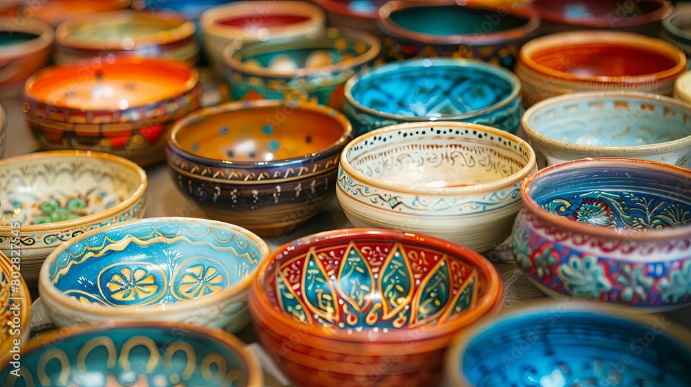 a colorful assortment of bowls and plates, including blue, orange, and white bowls, arranged in a r