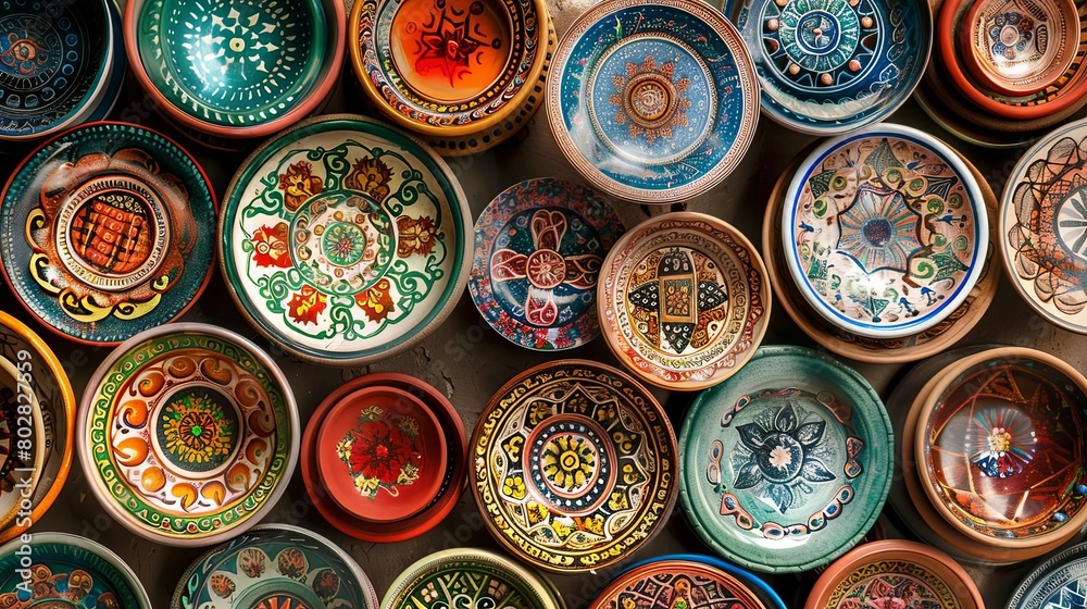 a wall adorned with a variety of colorful plates, including green, blue, red, and colorful ones, ar