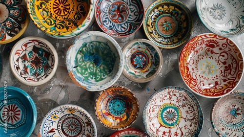 a collection of colorful plates  including white  blue  yellow  and colorful ones  are arranged in