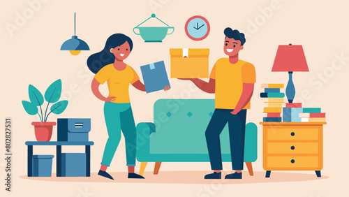A young couple furnishing their first home with affordable furniture and decorations from the thrift store excitedly planning out each room.. Vector illustration