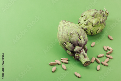 Dietary supplements Artichoke leaf extract capsules. Alternative medicine, herbal lifestyle photo