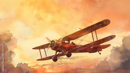 Nostalgic watercolor of a lone vintage aircraft flying at sunset, the warm colors of the sky creating a backdrop that highlights the romance of early aviation