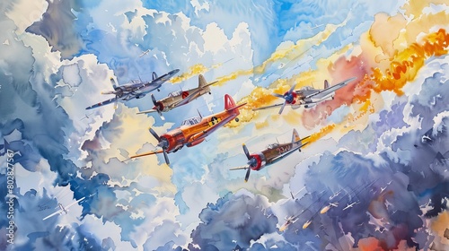 Nostalgic watercolor depicting a vintage air show, planes performing acrobatic stunts against a backdrop of a vividly painted sky and fluffy clouds photo