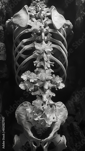 human skeleton spine on black background photo