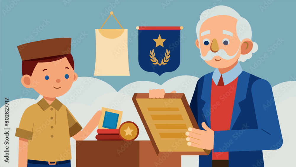 A grandfather showing his grandchild a box of old family heirlooms including a wornout copy of the Declaration of Independence and a soldiers medal.. Vector illustration A grandfather showing his grandchild a box of old family heirlooms including a wornout copy of the Declaration of Independence and a soldiers medal.. Vector illustration