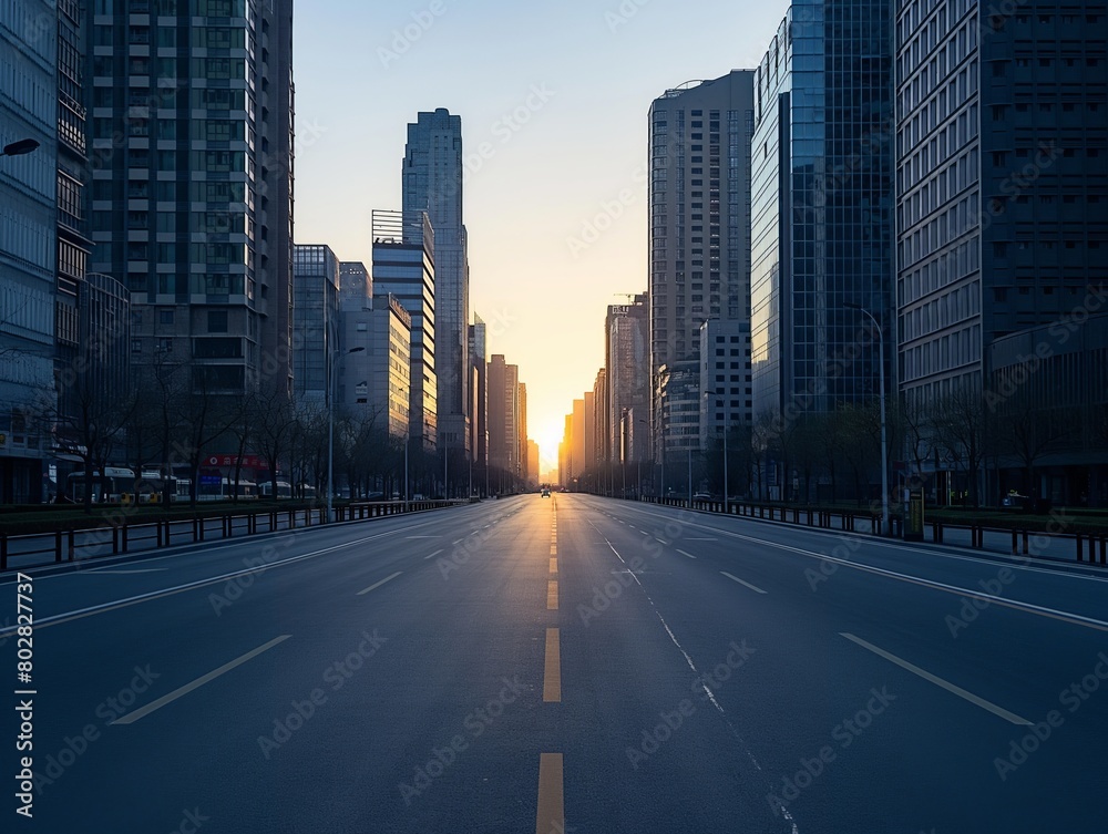 Sunrise peeks between tall city buildings, casting a warm glow over an empty street.