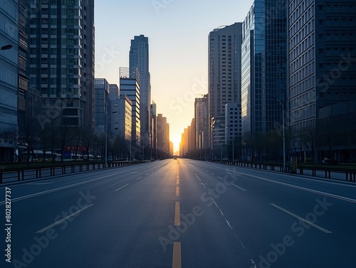 Sunrise peeks between tall city buildings  casting a warm glow over an empty street.