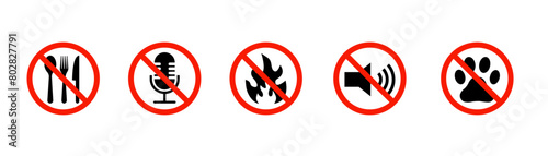 Set of no music, sound, fire, pet, eat . No noise, disturb or loudly. Red prohibition sign. Vector illustration