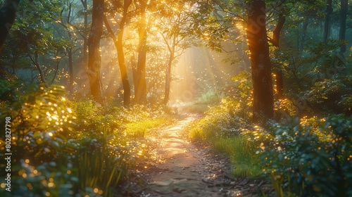 Enchanting forest path illuminated by sunlight filtering through the trees, copy space