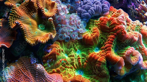 a vibrant coral reef with a variety of colorful fish and corals  surrounded by lush greenery and a