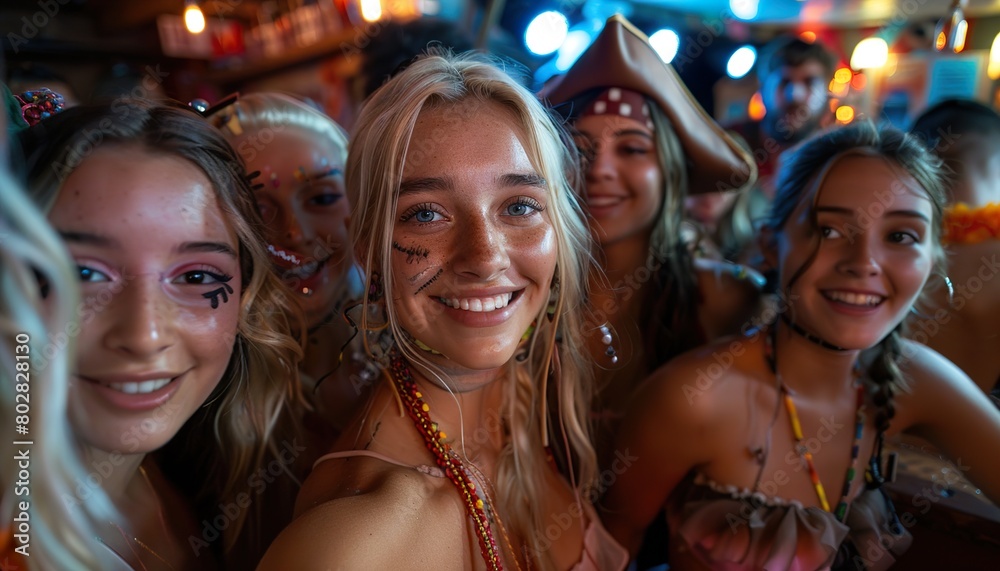 Woman in pirate costume makes selfie with friends at Carnival Woman in pirate costume makes selfie with friends at Carnival