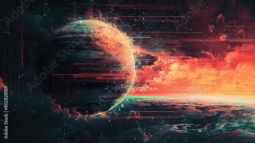 Intense digital artwork featuring a planet engulfed in flames, surrounded by digital glitches and cosmic debris, evoking a sense of urgency and dystopia.