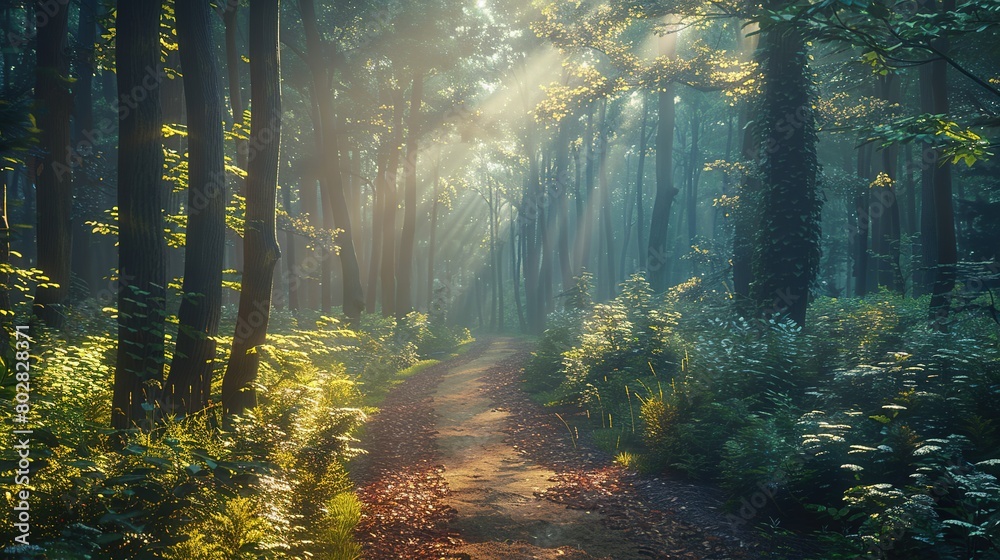 Fototapeta premium Enchanting forest path illuminated by sunlight filtering through the trees