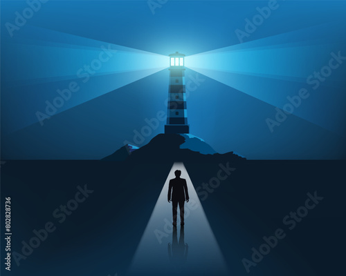 Man walks along the road leads to the light of the lighthouse. Stock vector illustration © Trifonenko Ivan