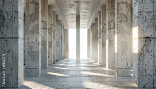 Abstract architecture background hall with stone columns and window light. Concrete texture facade building scene