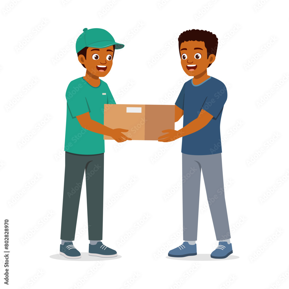 young delivery man give the package to customer young delivery man give the package to customer