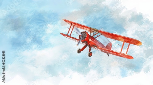 Watercolor illustration of a biplane performing acrobatics in a clear blue sky, the playful maneuvers evoking a sense of adventure and fun