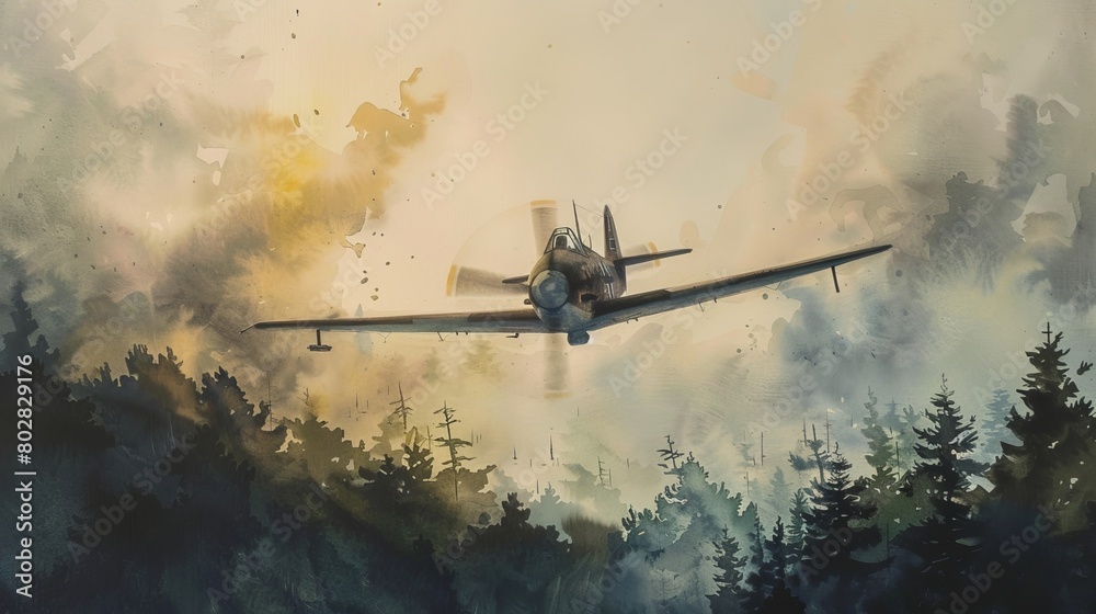 Tranquil watercolor of a lone Bf 109 flying low over a misty forest, the early morning haze adding a mysterious aura to the powerful fighter