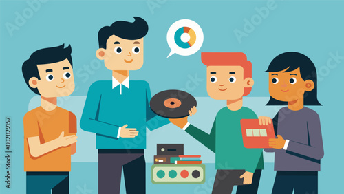 A teenage boy proudly shows off his newly acquired vinyl collection to his friends explaining each records significance and why he just had to have Vector illustration