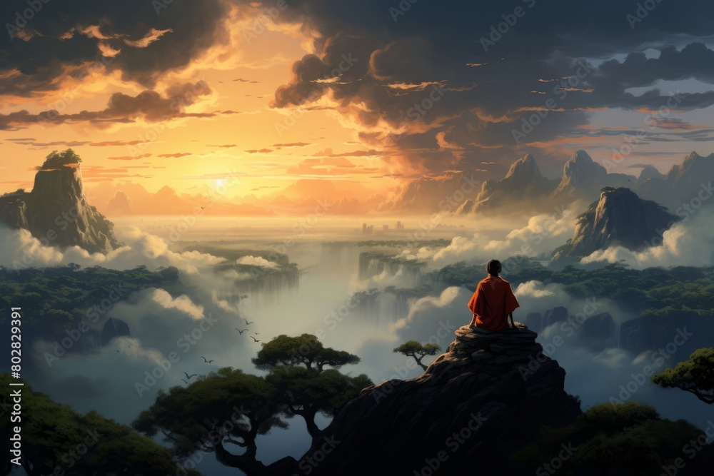 Man Sitting on Top of Mountain, Looking at the Sky Man Sitting on Top of Mountain, Looking at the Sky
