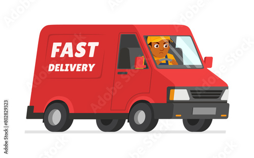 young delivery man drive red truck and speeding up