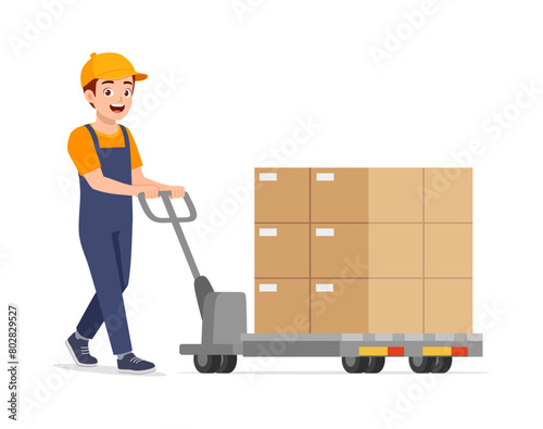 young delivery man push cart with package box