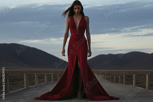 Woman in Red Dress Standing on Road