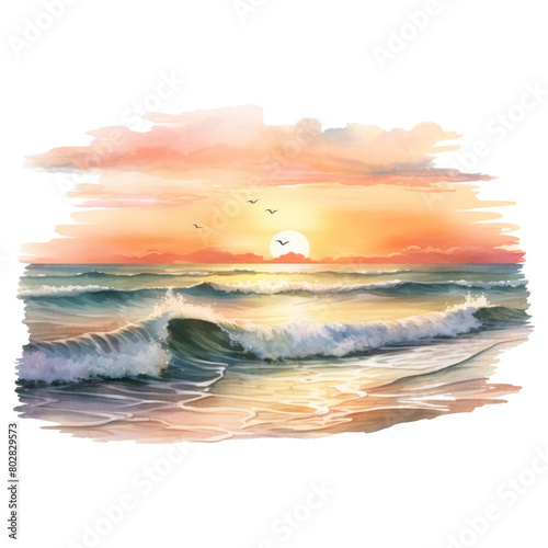 Beautiful Beach Sunset Isolated Detailed Watercolor Hand Drawn Painting Illustration