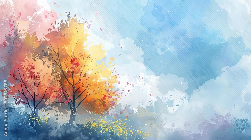 a colorful autumn scene featuring a yellow and orange tree against a blue sky a colorful autumn scene featuring a yellow and orange tree against a blue sky