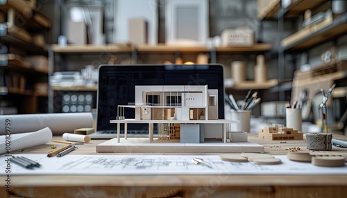 Architectural model on desk with laptop drawing technical tools and blueprints Architecture building construction and real estate business
