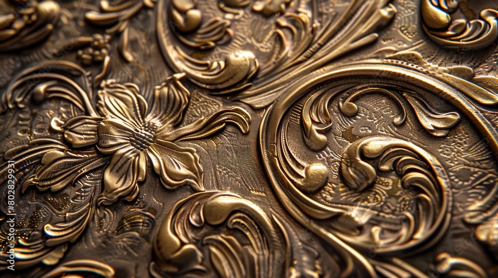 High-resolution photo of a detailed embossed bronze surface, featuring traditional motifs that add a sense of antiquity and luxury to any setting