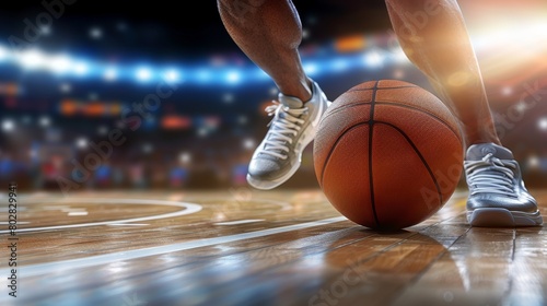 Athletic close up basketball player s feet mid jump for slam dunk, summer olympic sport concept