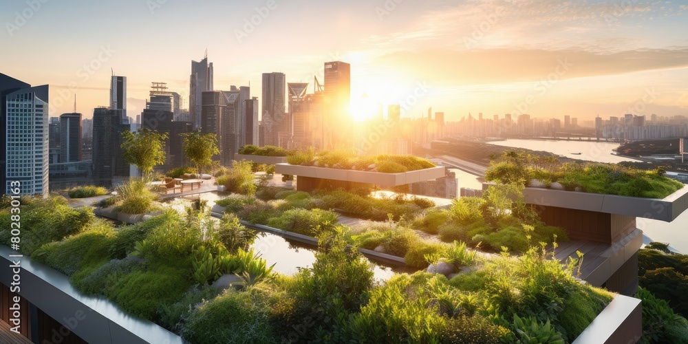 Fototapeta premium Golden Cityscape: Sunset Illuminates the Skyline, Creating a Breathtaking View