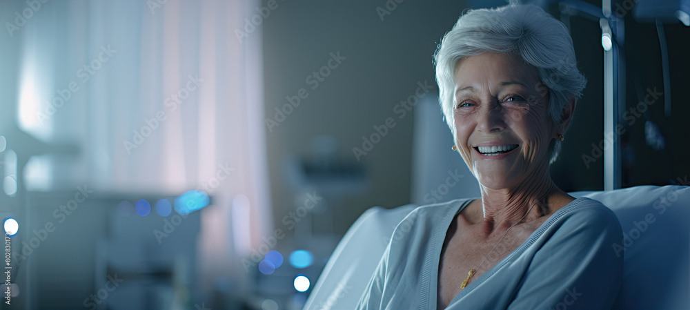 Obraz premium A woman in a hospital bed is smiling. She is wearing a blue hospital gown. The room is dimly lit